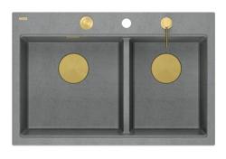 Quadri Hard Rock Dupla Szürke Gránit Felületi Mosogató 76x50 cm Arany dugóval és tartozékokkal 1208971394