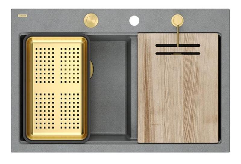 Quadri Hard Rock Dupla Szürke Gránit Felületi Mosogató 76x50 cm Arany dugóval és tartozékokkal 1208971394