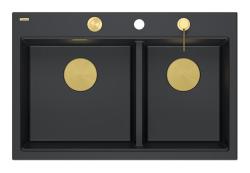 Quadri Hard Rock Dupla Fekete Gránit Felépített Mosogató 76x50 cm Arany dugóval és tartozékokkal 1208971395