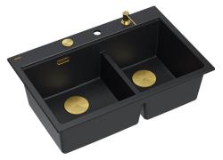 Quadri Hard Rock Dupla Fekete Gránit Felépített Mosogató 76x50 cm Arany dugóval és tartozékokkal 1208971395