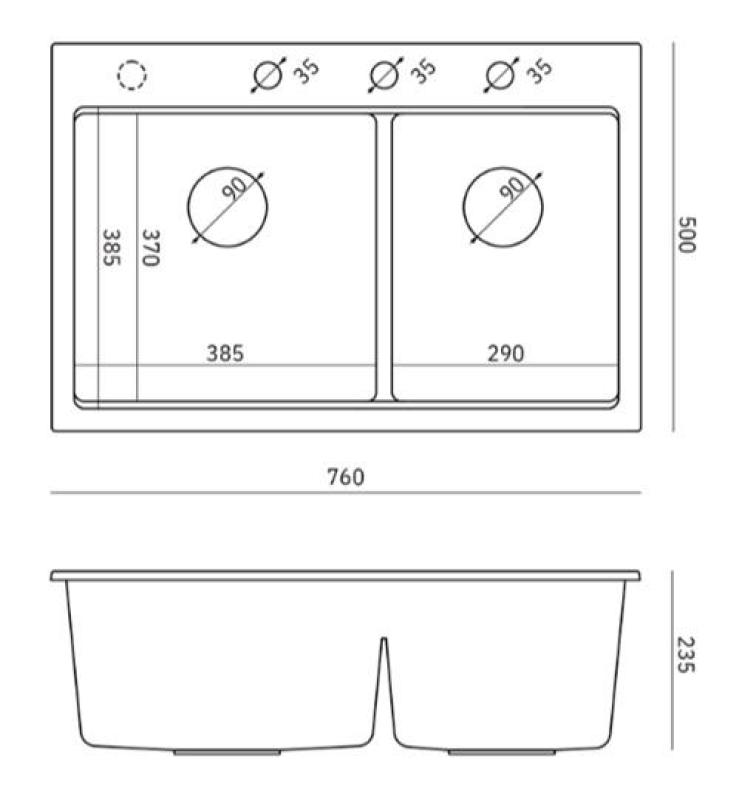 Quadri Hard Rock Dupla Fekete Gránit Felépített Mosogató 76x50 cm Arany dugóval és tartozékokkal 1208971395