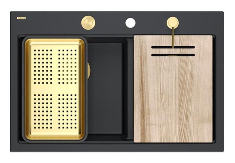Quadri Hard Rock Dupla Fekete Gránit Felépített Mosogató 76x50 cm Arany dugóval és tartozékokkal 1208971395