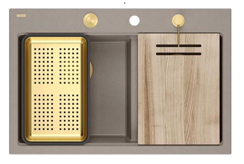 Quadri Hard Rock Dupla Taupe Gránit Felépített Mosogató 76x50 cm Arany dugóval és tartozékokkal 1208971396