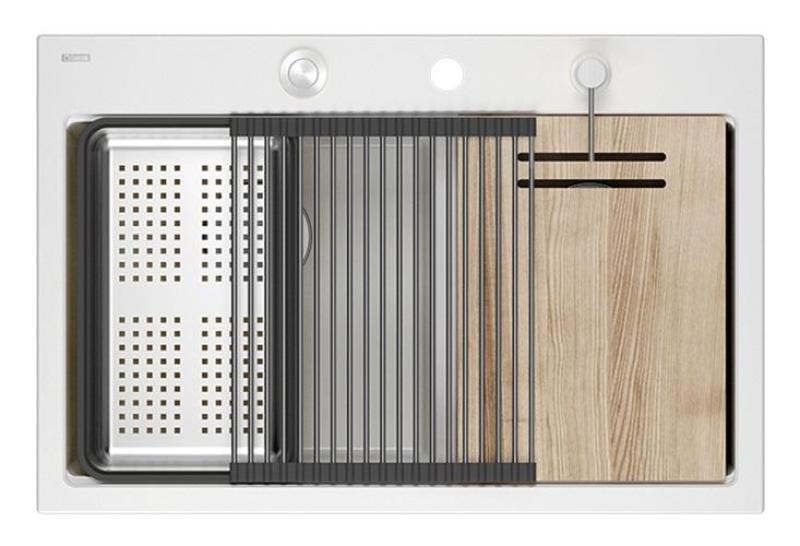 Quadri Hard Rock Dupla Fehér Gránit Felületi Mosogató 76x50 cm rozsdamentes acél dugóval és tartozékokkal 1208971398