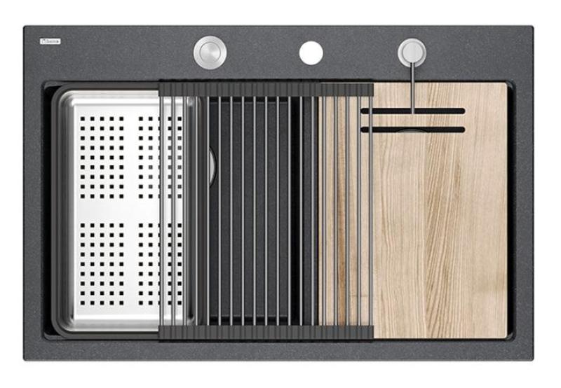 Quadri Hard Rock Dupla Antracit Gránit Felépítésű Mosogató 76x50 cm Rozsdamentes acél dugóval és kiegészítőkkel 1208971399