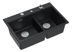 Quadri Hard Rock Dupla Fekete Gránit Felépített Mosogató 76x50 cm rozsdamentes acél dugóval és tartozékokkal 1208971401