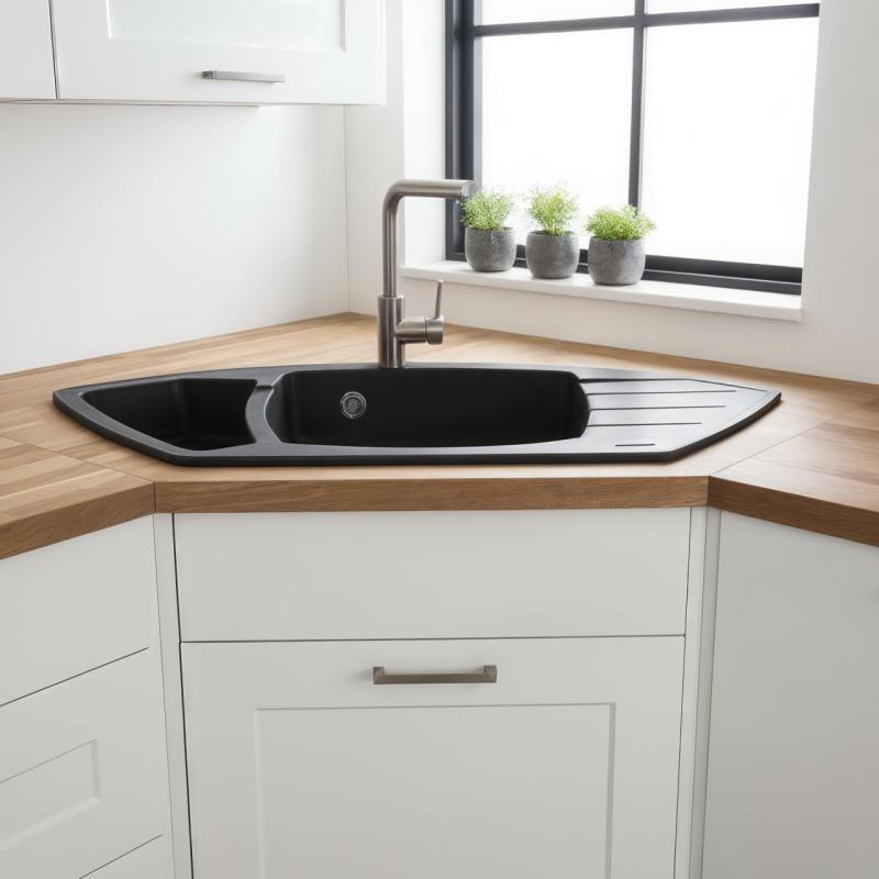 Graniteland Monte Granit Fekete Sarokmosogató felépítés 901x538mm Rozsdamentes acél dugóval 1208971413