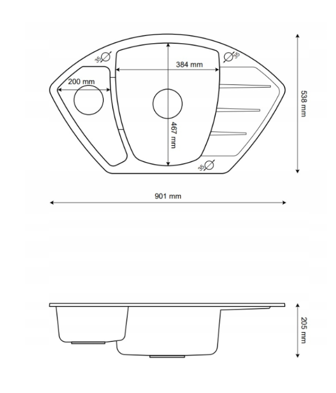 Graniteland Monte Granit fehér sarokmosogató felépítése 901x538mm rozsdamentes acél dugóval 1208971415
