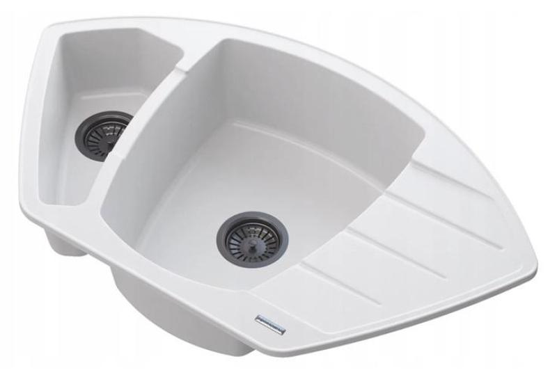 Graniteland Monte Granit fehér sarokmosogató felépítése 901x538mm rozsdamentes acél dugóval 1208971415