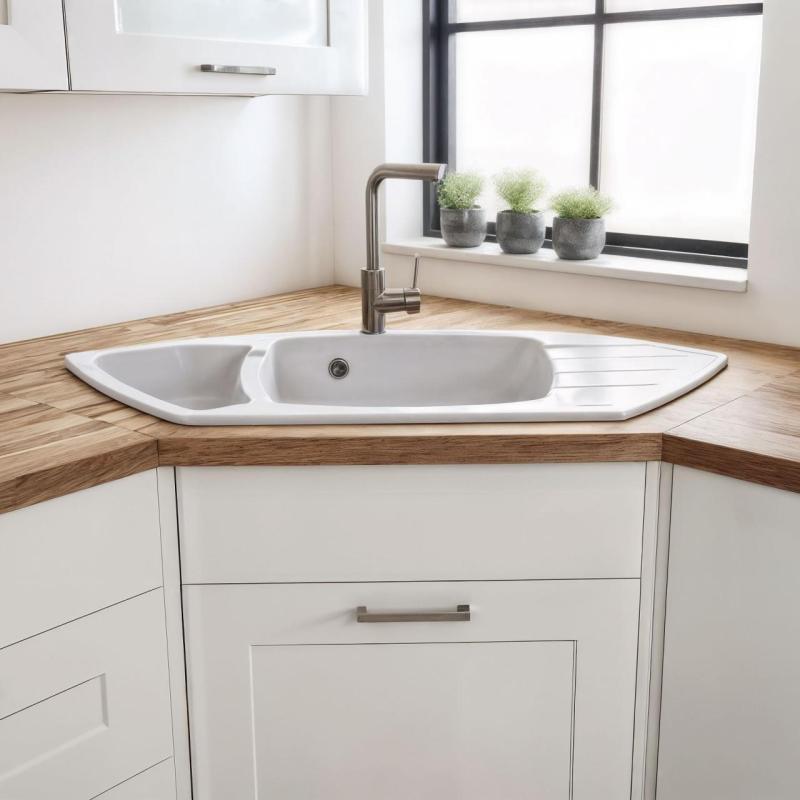 Graniteland Monte Granit fehér sarokmosogató felépítése 901x538mm rozsdamentes acél dugóval 1208971415