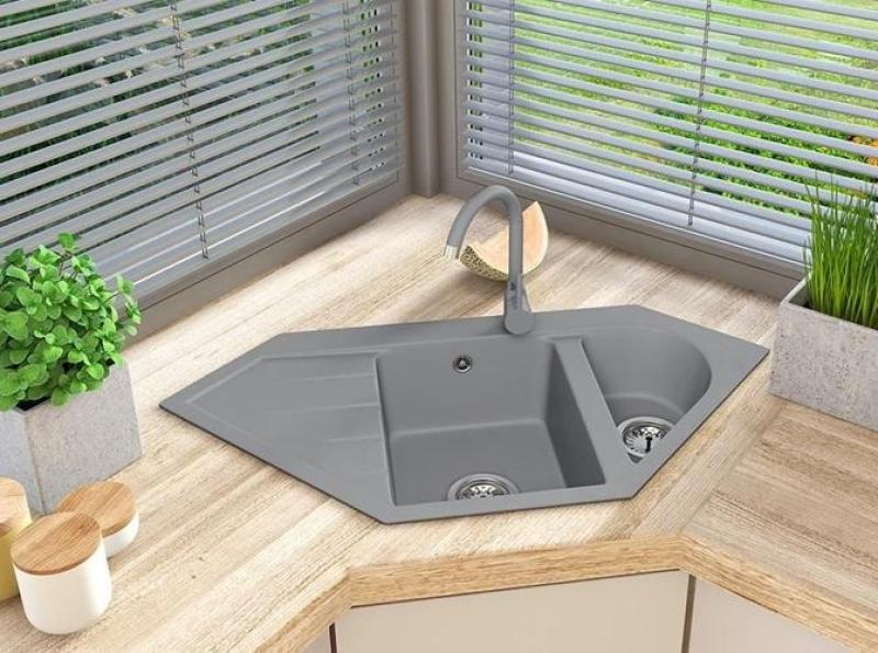 Graniteland Amiata Granit szürke sarokmosogató felszerelés 965x496mm rozsdamentes acél dugóval 1208971419