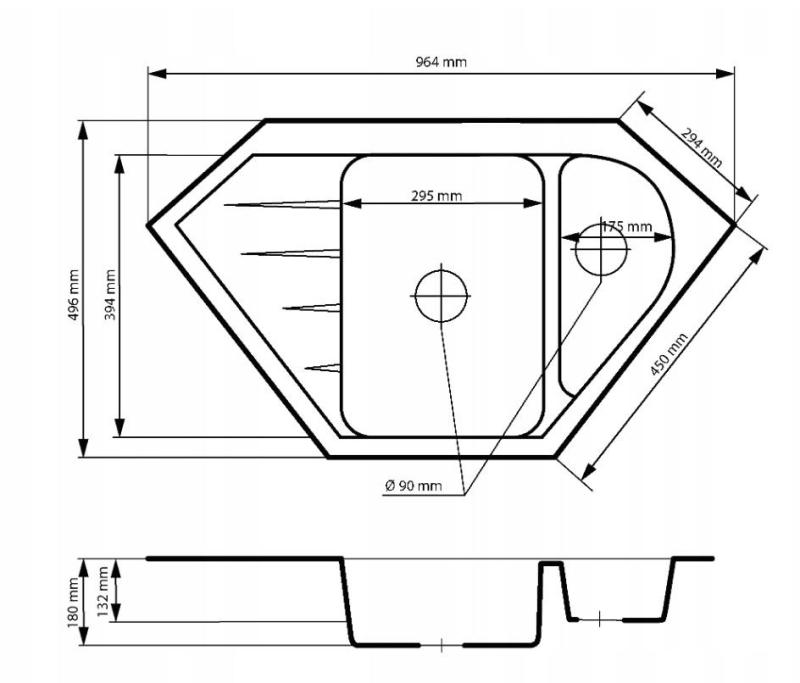 Graniteland Amiata Granit szürke sarokmosogató felszerelés 965x496mm rozsdamentes acél dugóval 1208971419
