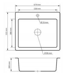 Graniteland Vastone Granit Mosogató 619x522 mm Szürke Felépítés Keverőcsap-Lyukkal és Rozsdamentes Acél Dugóval 1208971448