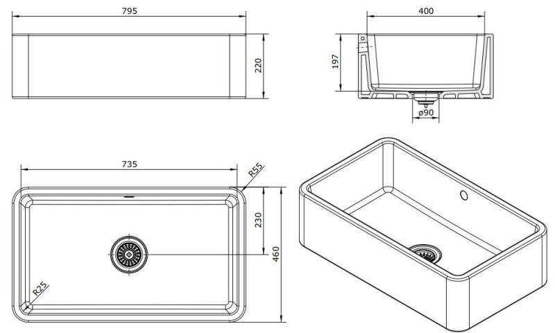Ausmann Ceramic Mira Kerámia Fehér Mosogató - Alulról és középről szerelhető 795 x 460 mm Gun metal dugóval 1208971468