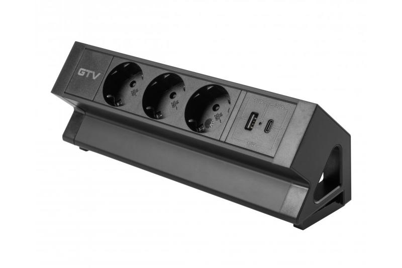 Bútorcsatlakozó BASCO, 3xSCHUKO, USB A+C, 1,5 m kábel, fekete