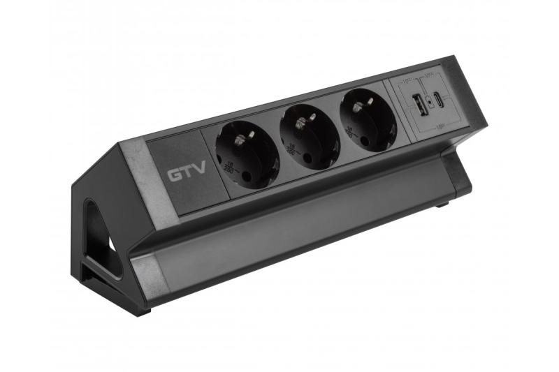 Bútorcsatlakozó BASCO, 3xSCHUKO, USB A+C, 1,5 m kábel, fekete