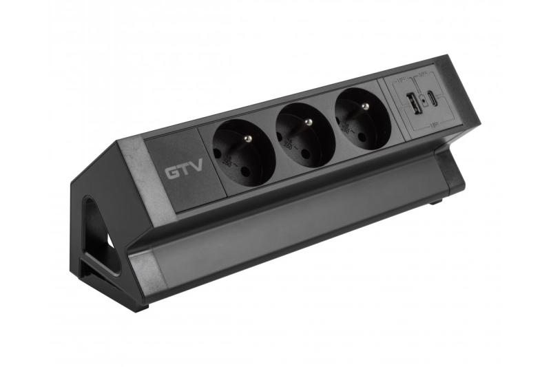 Basco bútoraljzat, 3 x földelt aljzat, USB A+C, 1,5 m kábel, fekete szerelvénnyel