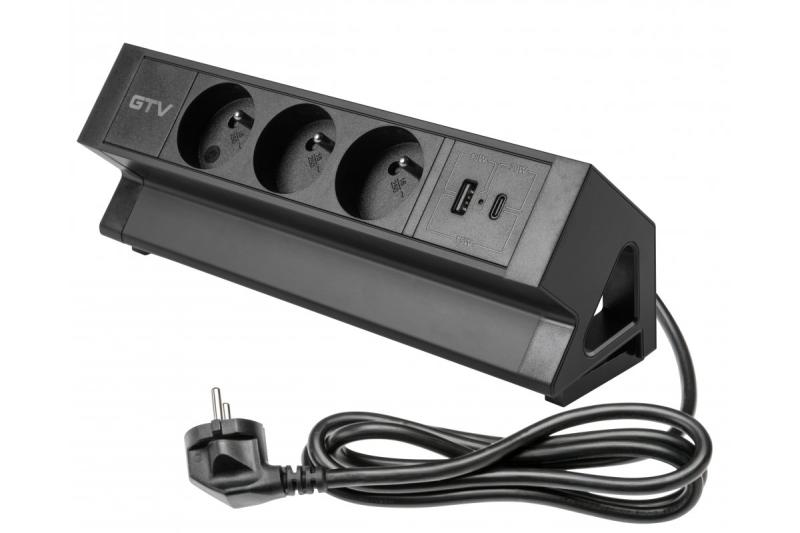 Basco bútoraljzat, 3 x földelt aljzat, USB A+C, 1,5 m kábel, fekete szerelvénnyel