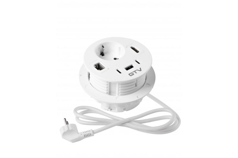 RONDO bútorcsatlakozó, 1xSHUKO, 1xUSB-A, 2xUSB-C, HDMI, RJ45 kábel 1,5 m, fehér
