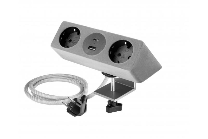 Bútorcsatlakozó SOFITO, 2xSHUKO, USB A+C, 1,5 m kábel, szürke flock