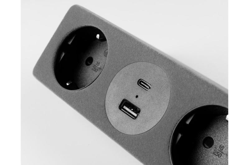 Bútorcsatlakozó SOFITO, 2xSHUKO, USB A+C, 1,5 m kábel, szürke flock