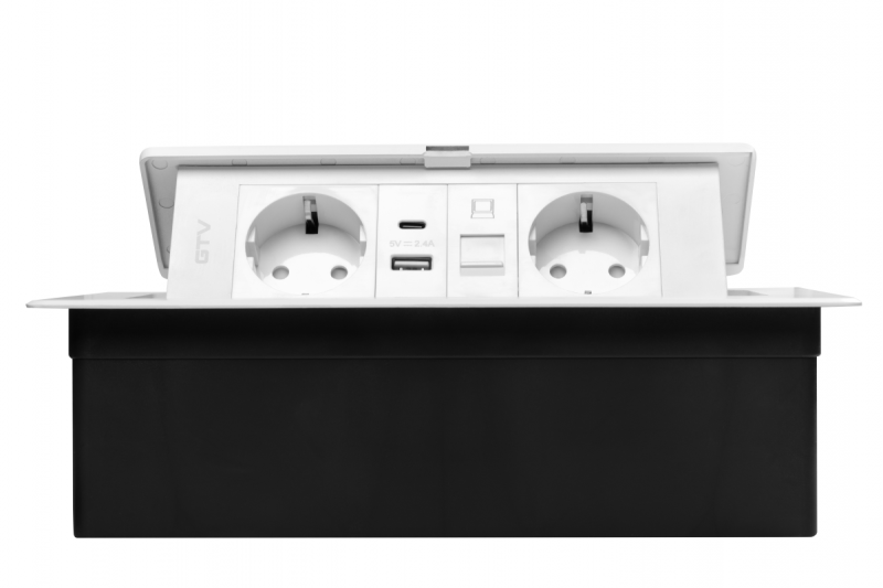 MULTISOFT bútorszerelvény, 2xSHUKO, USB A+C, RJ45, 1,5 m kábel, fehér