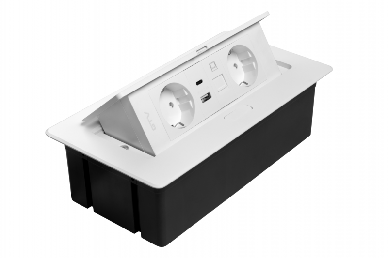 MULTISOFT bútorszerelvény, 2xSHUKO, USB A+C, RJ45, 1,5 m kábel, fehér