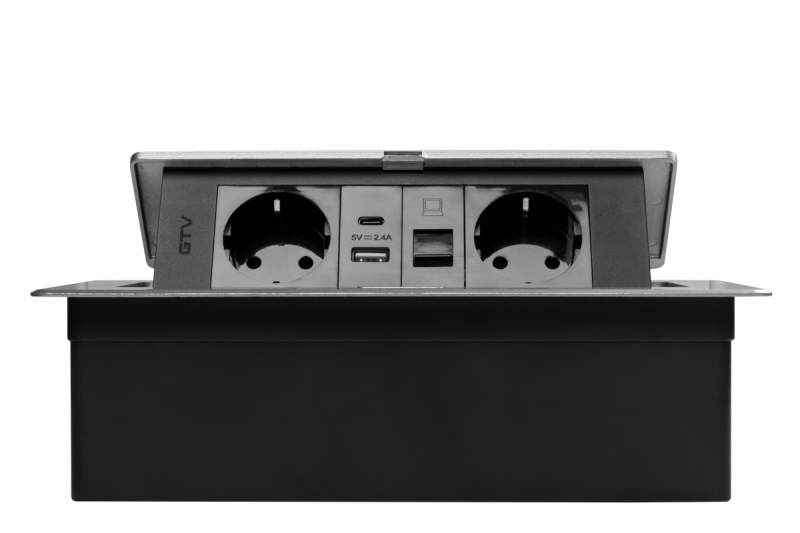 MULTISOFT bútoraljzat, 2xSHUKO, USB A+C, RJ45, 1,5 m kábel, alumínium