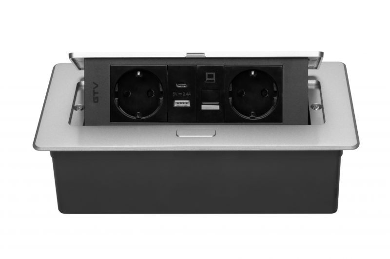 MULTISOFT bútoraljzat, 2xSHUKO, USB A+C, RJ45, 1,5 m kábel, alumínium