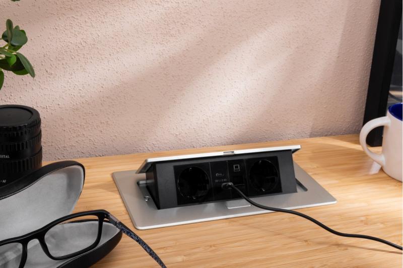 MULTISOFT bútoraljzat, 2xSHUKO, USB A+C, RJ45, 1,5 m kábel, alumínium