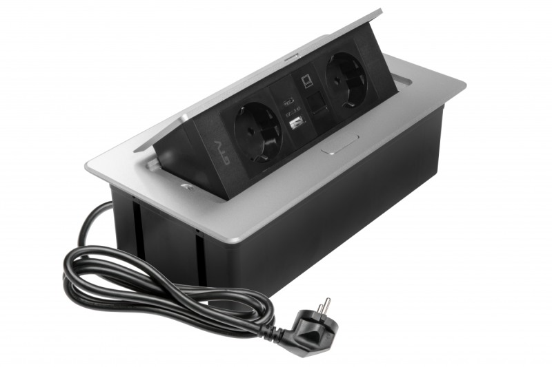 MULTISOFT bútoraljzat, 2xSHUKO, USB A+C, RJ45, 1,5 m kábel, alumínium