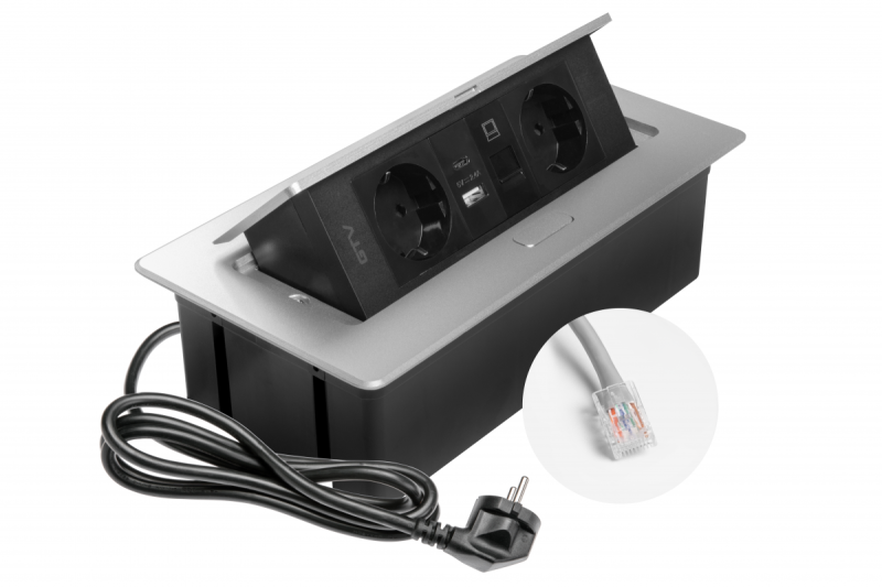 MULTISOFT bútoraljzat, 2xSHUKO, USB A+C, RJ45, 1,5 m kábel, alumínium