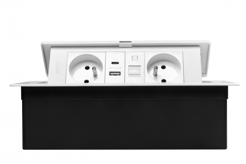 MULTISOFT Bútorcsatlakozó 2x Földelt Dugalj, USB A+C, RJ45, Hálózati Kábel Csatlakozóval, Fehér