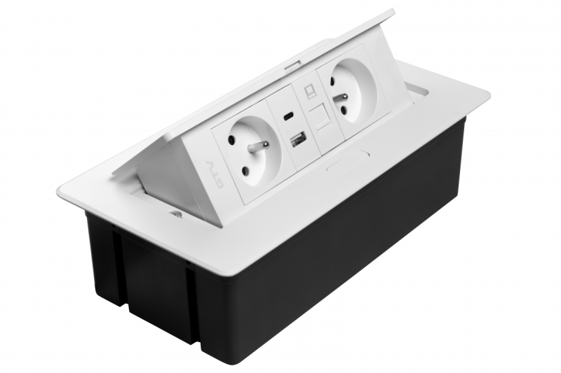 MULTISOFT Bútorcsatlakozó 2x Földelt Dugalj, USB A+C, RJ45, Hálózati Kábel Csatlakozóval, Fehér