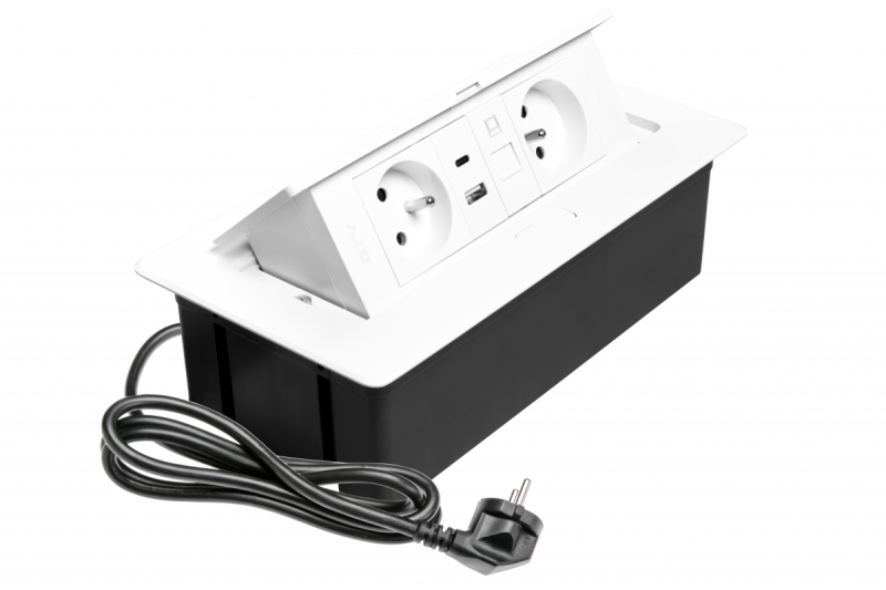 MULTISOFT Bútorcsatlakozó 2x Földelt Dugalj, USB A+C, RJ45, Hálózati Kábel Csatlakozóval, Fehér