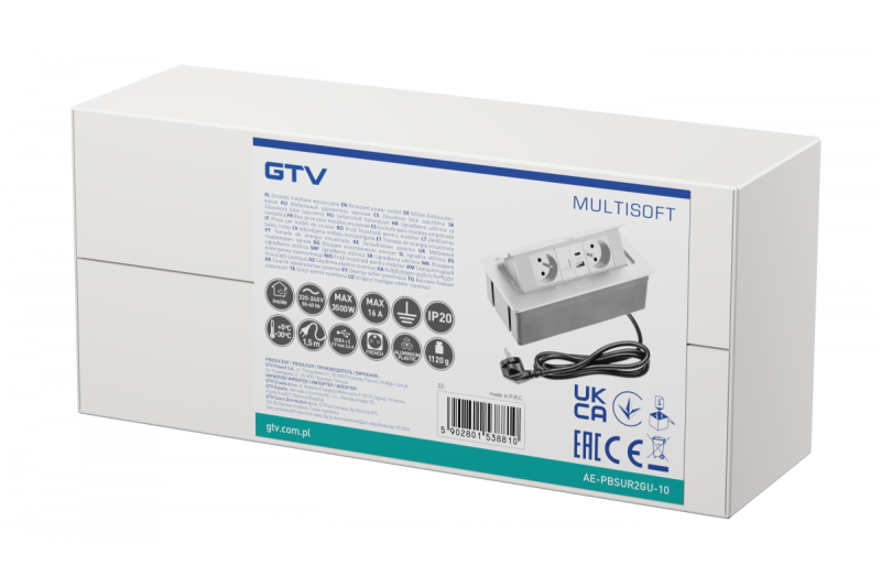 MULTISOFT Bútorcsatlakozó 2x Földelt Dugalj, USB A+C, RJ45, Hálózati Kábel Csatlakozóval, Fehér