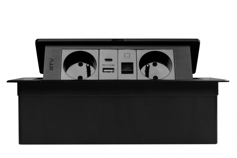 MULTISOFT Bútorcsatlakozó 2x földelt aljzat, USB A+C, RJ45, tápkábel dugóval, fekete