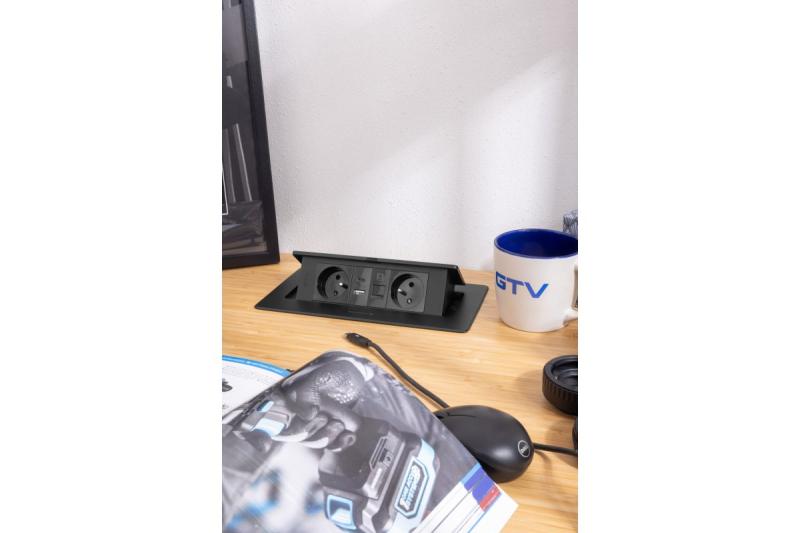 MULTISOFT Bútorcsatlakozó 2x földelt aljzat, USB A+C, RJ45, tápkábel dugóval, fekete