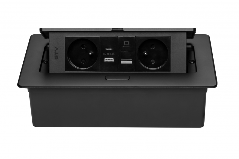 MULTISOFT Bútorcsatlakozó 2x földelt aljzat, USB A+C, RJ45, tápkábel dugóval, fekete