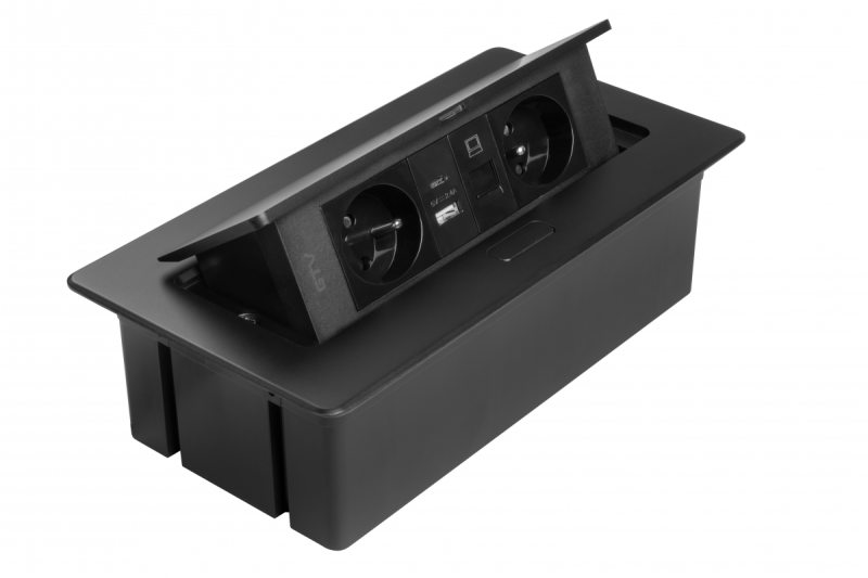 MULTISOFT Bútorcsatlakozó 2x földelt aljzat, USB A+C, RJ45, tápkábel dugóval, fekete