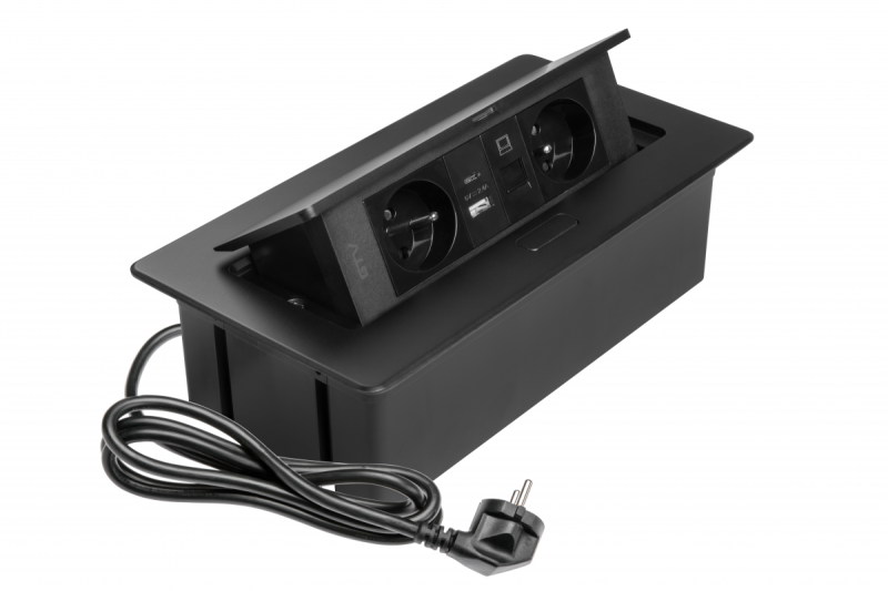 MULTISOFT Bútorcsatlakozó 2x földelt aljzat, USB A+C, RJ45, tápkábel dugóval, fekete