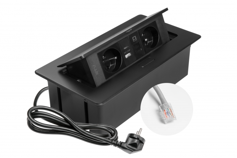 MULTISOFT Bútorcsatlakozó 2x földelt aljzat, USB A+C, RJ45, tápkábel dugóval, fekete