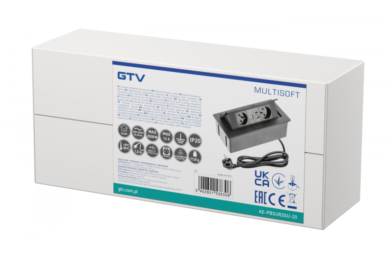 MULTISOFT Bútorcsatlakozó 2x földelt aljzat, USB A+C, RJ45, tápkábel dugóval, fekete