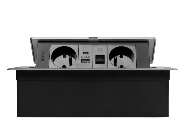 MULTISOFT Bútoraljzat 2x földelt aljzat, USB A+C, RJ45, hálózati kábel dugóval, alumínium