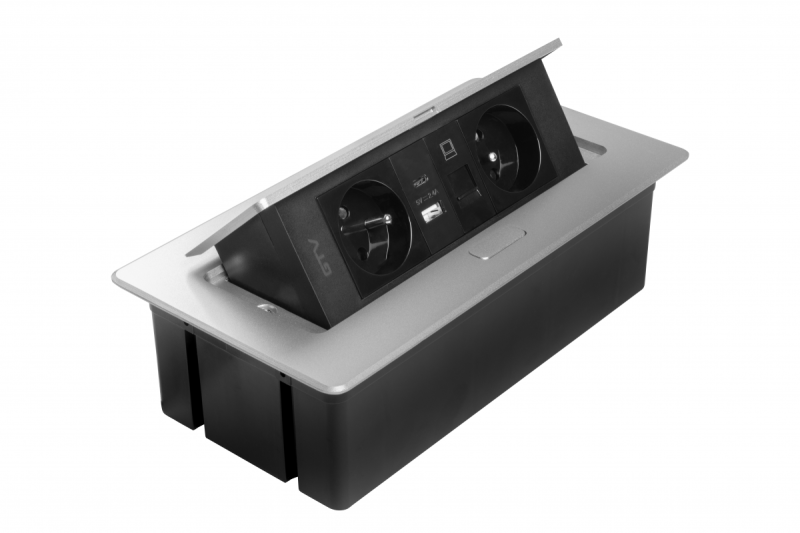 MULTISOFT Bútoraljzat 2x földelt aljzat, USB A+C, RJ45, hálózati kábel dugóval, alumínium