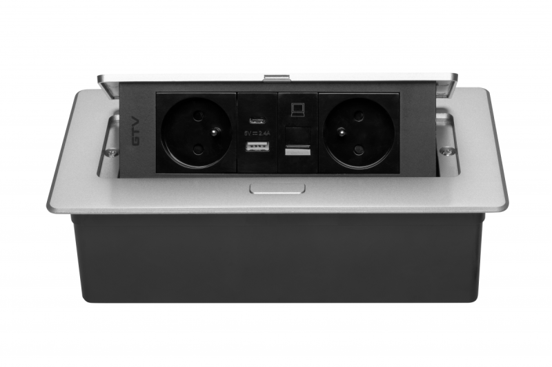 MULTISOFT Bútoraljzat 2x földelt aljzat, USB A+C, RJ45, hálózati kábel dugóval, alumínium