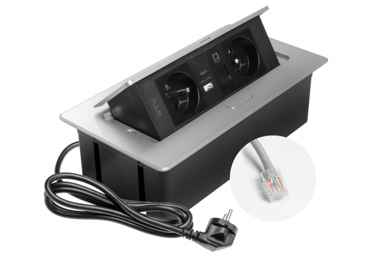 MULTISOFT Bútoraljzat 2x földelt aljzat, USB A+C, RJ45, hálózati kábel dugóval, alumínium