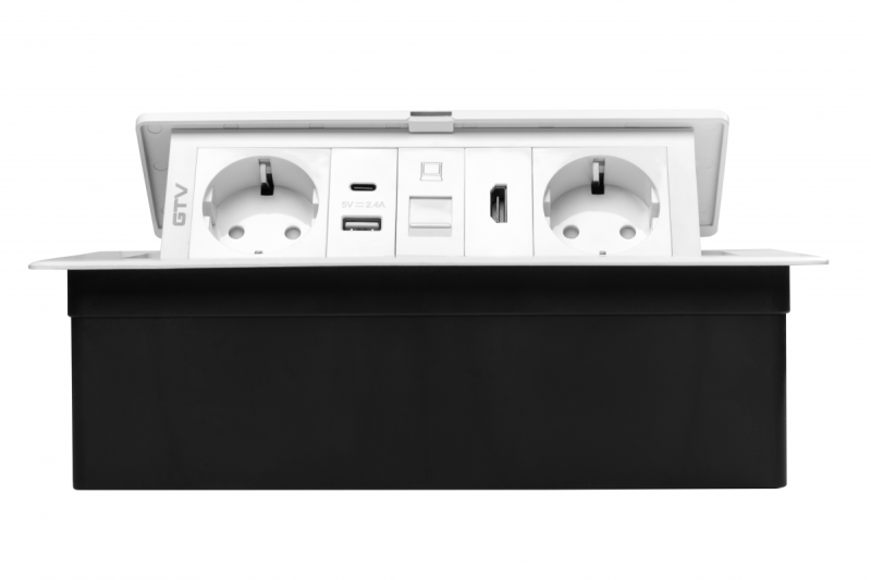 MULTISOFT bútoraljzat, 2xSHUKO, USB A+C, RJ45, HDMI, 1.5 m kábel, fehér