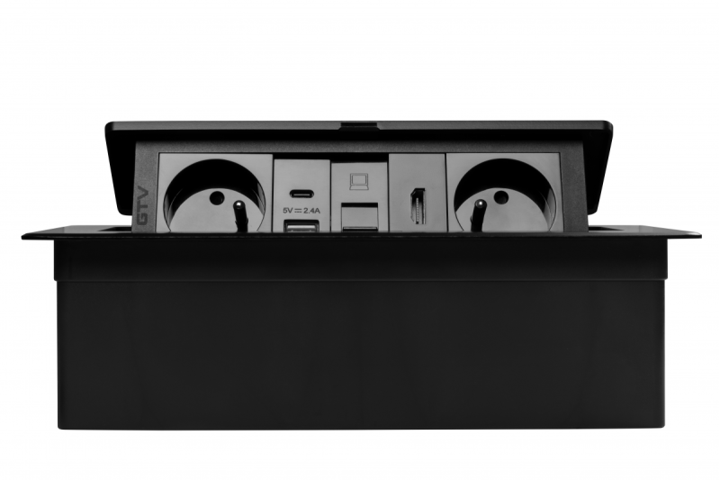 MULTISOFT bútor aljzat, 2xSHUKO, USB A+C, RJ45, HDMI kábel 1,5 m, fekete
