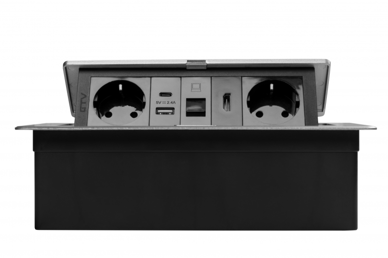 Bútorszerelvény MULTISOFT, 2xSCHUKO, USB A+C, RJ45, HDMI kábel 1,5 m, alumínium